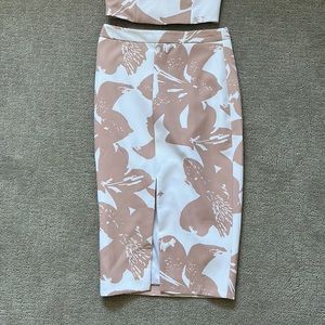 Bardot pink and white floral midi skirt with slit, size 6/S